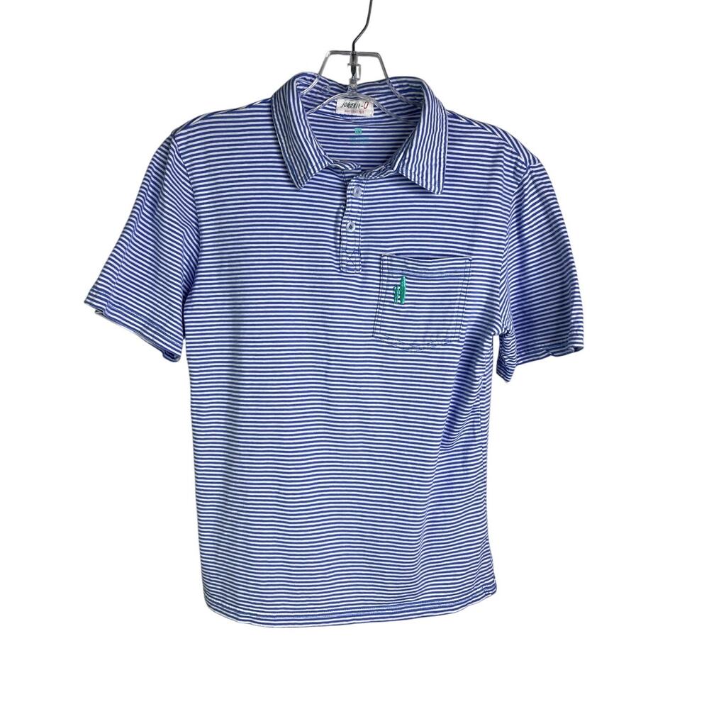 Johnnie-O Polo Shirt Boys 10 Blue White‎ Striped Short Sleeve Pocket Front
